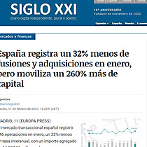 Espaa registra un 32% menos de fusiones y adquisiciones en enero, pero moviliza un 260% ms de capital